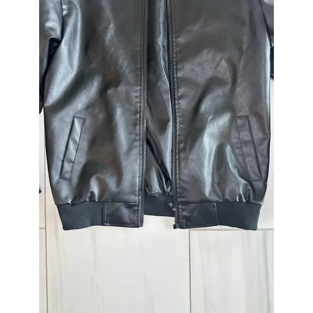 Boys Black Faux Leather Bomber Jacket Size 160 Youth Zip Motorcycle Coat